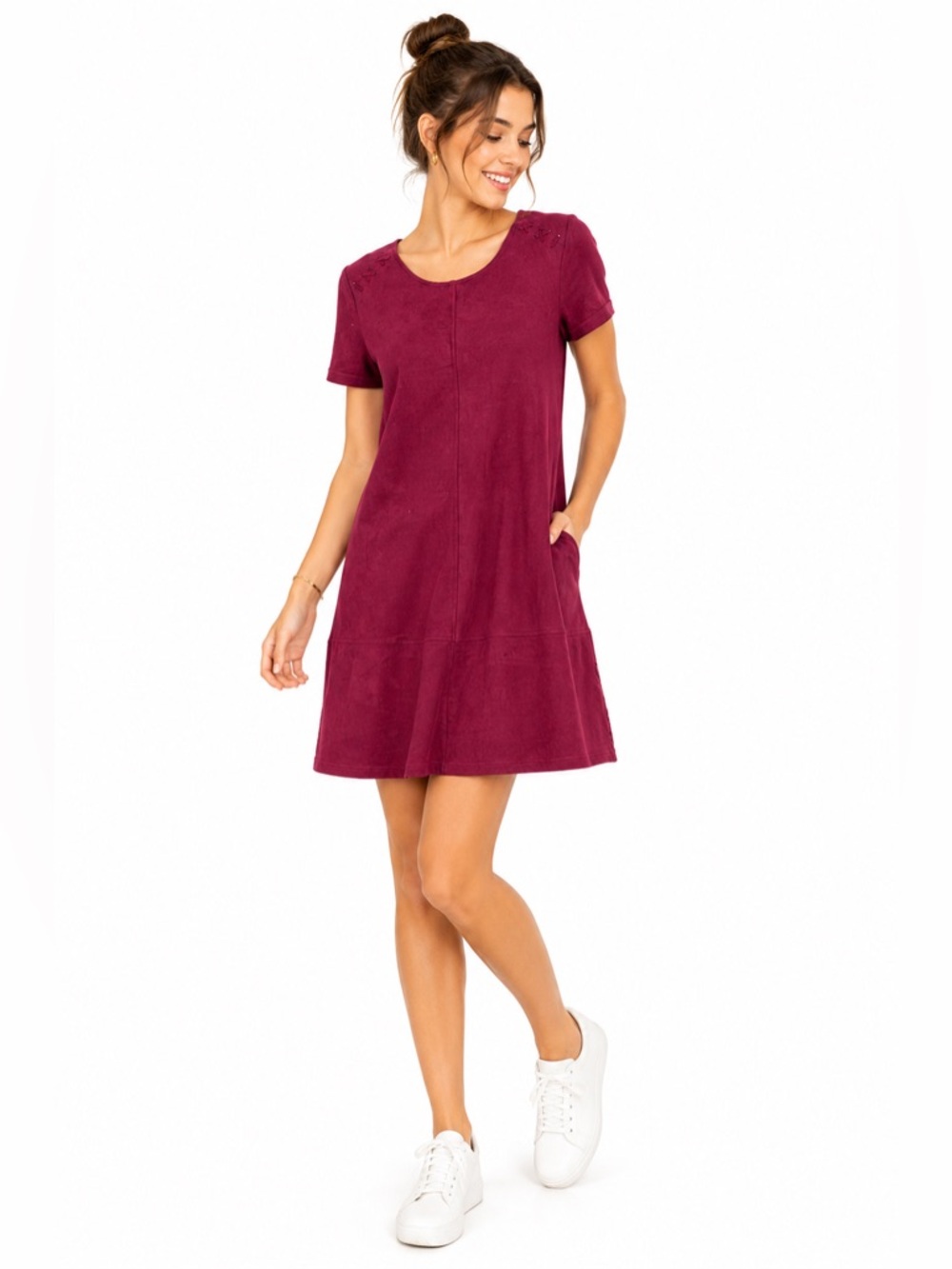 Design Lab Burgundy Faux Suede Dress Short Sleeve Size M Softcore Workwear Fall